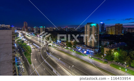 Traffic on avenue Marshal Zhukov timelapse in Moscow at night 116433954
