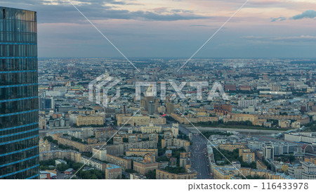 Aerial top view of Moscow city day to night timelapse after sunset. From the observation deck 116433978