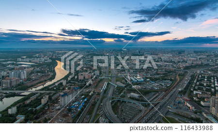 Aerial top view of Moscow city day to night timelapse after sunset. From the observation deck 116433988