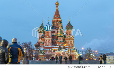 Red Square in winter day to night timelapse with Cathedral of St. Basil, Russia 116434007