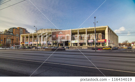Timelapse hyperlapse of the facade and entrance to the Moscow Youth Palace during winter. 116434019