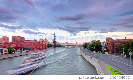 View from the Patriarch bridge to the river panorama of Moscow day to night timelapse 116434062