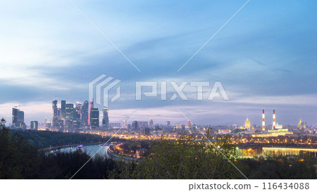 Panoramic aerial view of Moscow City, Russia, from Sparrow Hills day to night timelapse Panoramic aerial view of Moscow City, Russia, from Sparrow Hills day to night timelapse 116434088