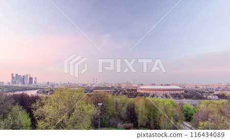 Panoramic aerial view of Moscow City, Russia, from Sparrow Hills day to night timelapse 116434089