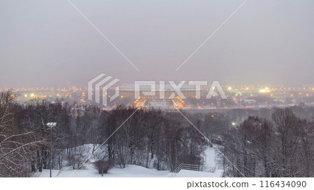 Panoramic view of Moscow City, Russia, from Sparrow Hills day to night winter timelapse 116434090