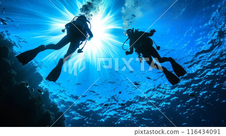 Two scuba divers swimming in the ocean with sun shining through the water Two scuba divers swimming in the ocean with sun shining through the water 116434091