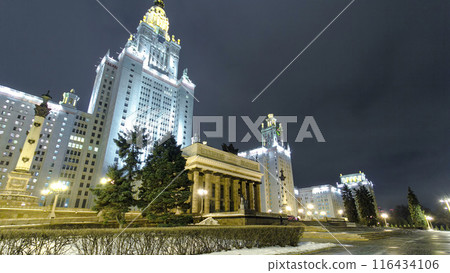 The Main Building Of Moscow State University On Sparrow Hills At Winter timelapse hyperlapse at Night The Main Building Of Moscow State University On Sparrow Hills At Winter timelapse hyperlapse at Night 116434106