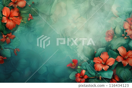 A painting features red flowers and green leaves against a blue background 116434123