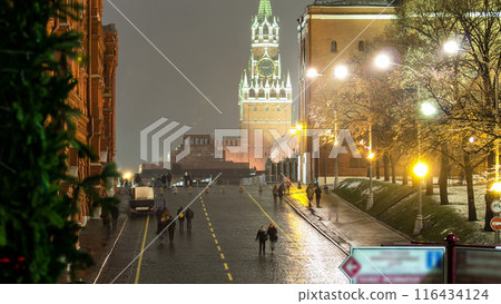 Moscow, Spasskaya tower of Kremlin at winter night. timelapse Moscow, Spasskaya tower of Kremlin at winter night. timelapse 116434124