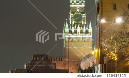 Moscow, Spasskaya tower of Kremlin at winter night. timelapse 116434125