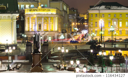 Alexander Garden in the city center with manezh winter night timelapse, Moscow, Russia Alexander Garden in the city center with manezh winter night timelapse, Moscow, Russia 116434127