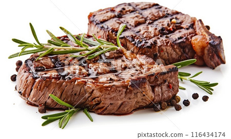 Grilled steaks with rosemary and pepper on white background Grilled steaks with rosemary and pepper on white background 116434174