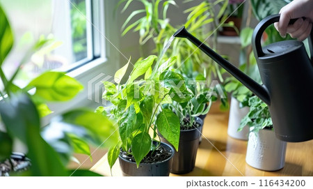 Close-up view of a human hand watering home plants. 116434200