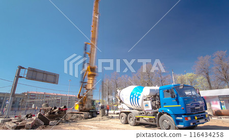 A large huge ditch pit tunnel timelapse at the construction site of the underground metro station line. 116434258