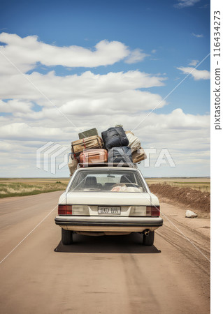 Retro car with luggage on the roof. Car on the road with a lot of suitcases on roof 116434273