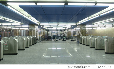 Interior of a modern subway station with trains timelapse hyperlapse 116434287