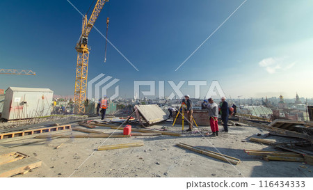 Steel bar rebar metal framework reinforcement for concrete at construction site timelapse. 116434333