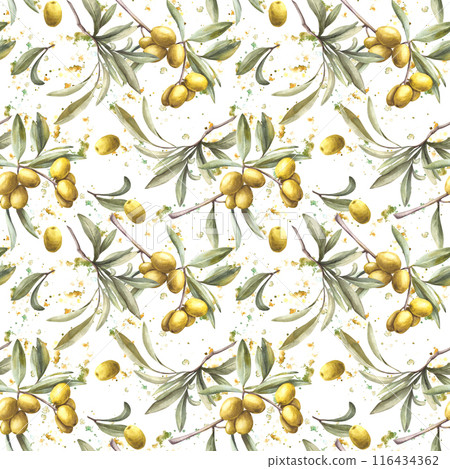 Olive tree branch with green leaves and berries on watercolor splashes stains background. Seamless pattern Hand painted illustration Botanical clipart for oil food packing, textile, wallpaper Isolated 116434362