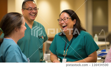 Amidst the busy schedule, these medical staff members find solace in each other's company, using their break to rejuvenate and foster a supportive work environment Amidst the busy schedule, these medical staff members find solace in each other's company, using their break to rejuvenate and foster a supportive work environment 116434500