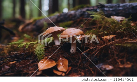 Wet mushrooms in a forest. 116434501