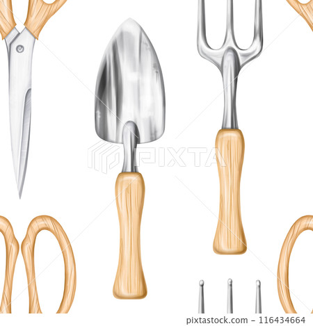 Seamless pattern of garden tools shovel, rake and scissors. Tools for the florist to work with plants and soil in greenhouses and outdoors. Harvesting on the farm. Digital isolated illustration 116434664