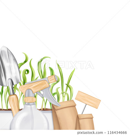 A border of tools: a rake, a shovel, a sprayer, seeds, boxes of greens. Equipment for gardens, greenhouses and florists. Agriculture, cultivation of plants and flowers. Digital isolated illustration A border of tools: a rake, a shovel, a sprayer, seeds, boxes of greens. Equipment for gardens, greenhouses and florists. Agriculture, cultivation of plants and flowers. Digital isolated illustration 116434666