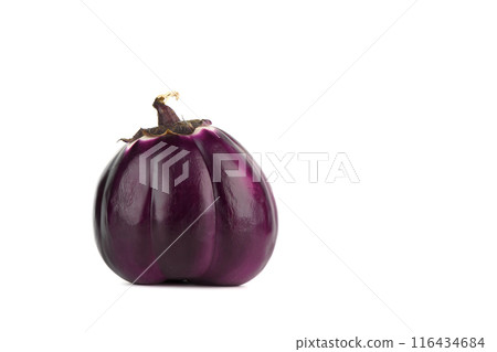 Ripe spherical eggplant on a white background with space for text. 116434684