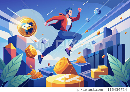 A man in the world of cryptocurrency in pursuit of success. Vector illustration A man in the world of cryptocurrency in pursuit of success. Vector illustration 116434714