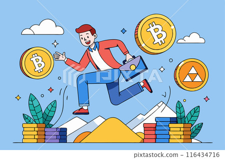 A man in the world of cryptocurrency in pursuit of success. Vector illustration 116434716