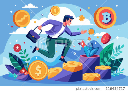 A man in the world of cryptocurrency in pursuit of success. Vector illustration A man in the world of cryptocurrency in pursuit of success. Vector illustration 116434717