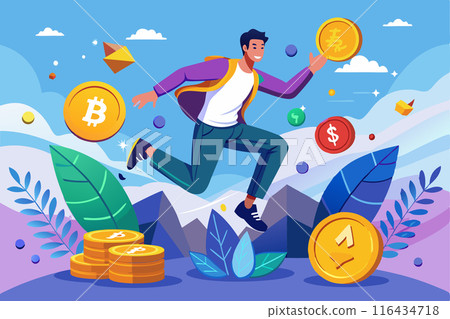 A man in the world of cryptocurrency in pursuit of success. Vector illustration A man in the world of cryptocurrency in pursuit of success. Vector illustration 116434718