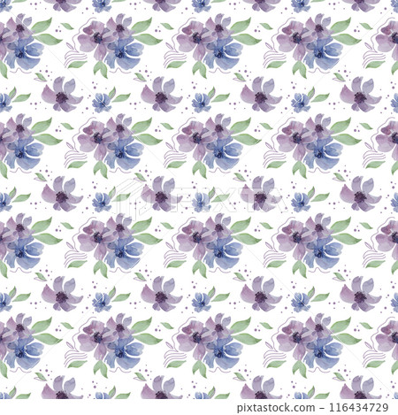 Seamless pattern with watercolor flowers, leaves and doodle elements. Seamless pattern with watercolor flowers, leaves and doodle elements. 116434729