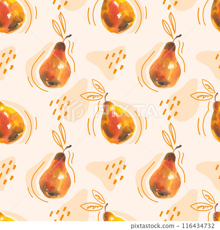 Seamless pattern with watercolor pears with orange doodle elements. 116434732