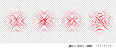 Set of red sound wave rings, of lines, linear dashes. Rings with radial lines. Target icon, epicenter. Concentric vortex circles. Vector illustration on transparent background 116434738
