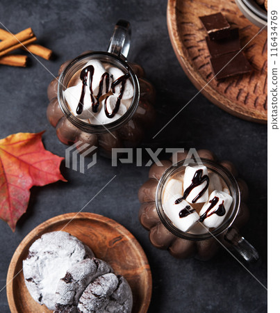 Two cups of aroma hot chocolate with marshmallows on a dark background with autumn maple leaves Two cups of aroma hot chocolate with marshmallows on a dark background with autumn maple leaves 116434769