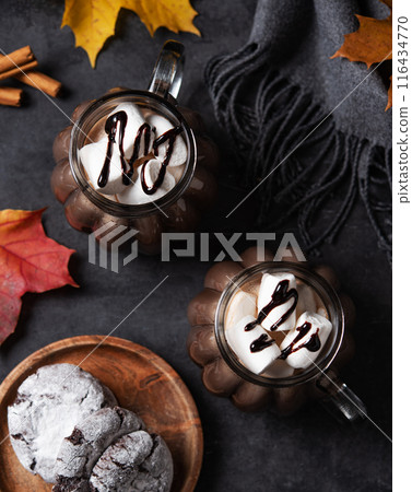 Two mugs of aroma hot chocolate with marshmallows on a dark background with autumn maple leaves Two mugs of aroma hot chocolate with marshmallows on a dark background with autumn maple leaves 116434770