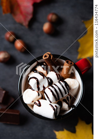 a cup of hot chocolate with marshmallow, nuts and cinnamon on a dark gray table. Autumn concept 116434774