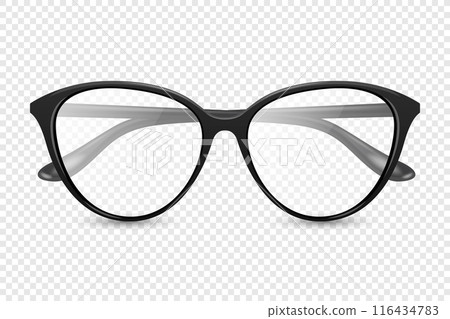 Vector 3d Realistic Black Round Frame Glasses Isolated. Sunglasses, Lens, Vintage Eyeglasses in Front View. Design Template for Optics and Eyewear Branding Concept Vector 3d Realistic Black Round Frame Glasses Isolated. Sunglasses, Lens, Vintage Eyeglasses in Front View. Design Template for Optics and Eyewear Branding Concept 116434783