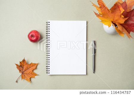 Concept autumn flat lay with yellow maple leaves, notebook and apple on a pastel green background 116434787