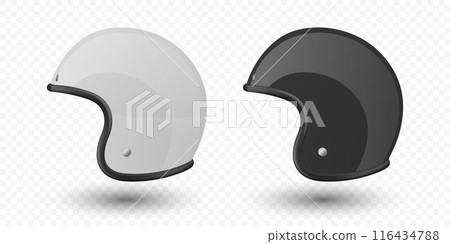Vector 3d Realistic Blank White and Black Glossy Classic Vintage Open-Face Motorbike Helmet Design Template for Mockup. Side View. Motorcycle Helmet Icon, Closeup, Isolated Vector 3d Realistic Blank White and Black Glossy Classic Vintage Open-Face Motorbike Helmet Design Template for Mockup. Side View. Motorcycle Helmet Icon, Closeup, Isolated 116434788