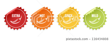 Realistic Vector Round Stickers with Spicy Chili Pepper Icon, Food Spicy Level. Red, Orange, Yellow, Green Jalapeno Pepper Strength Scale Sticker Indicators with Mild, Spicy, Hot and Extra Positions Realistic Vector Round Stickers with Spicy Chili Pepper Icon, Food Spicy Level. Red, Orange, Yellow, Green Jalapeno Pepper Strength Scale Sticker Indicators with Mild, Spicy, Hot and Extra Positions 116434808