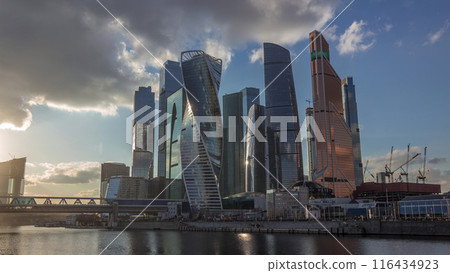 Sunset at Moscow City business center skyscrapers office buildings and luxury apartments timelapse hyperlapse. Sunset at Moscow City business center skyscrapers office buildings and luxury apartments timelapse hyperlapse. 116434923