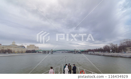 Moscow River. River cruise ships on the Moscow river winter timelapse hyperlapse 116434929