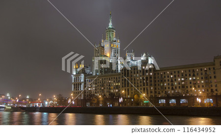 Night view of the Kotelnicheskaya Embankment Building hyperlapse in Moscow timelapse, Russia. Night view of the Kotelnicheskaya Embankment Building hyperlapse in Moscow timelapse, Russia. 116434952