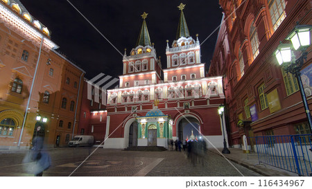Tourists walk on Red Square near the branch of the Historical Museum and the zero kilometer in Moscow. timelapse hyperlapse 116434967