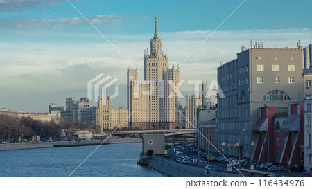 Dusk view of the Kotelnicheskaya Embankment Building day to night hyperlapse in Moscow timelapse, Russia. 116434976