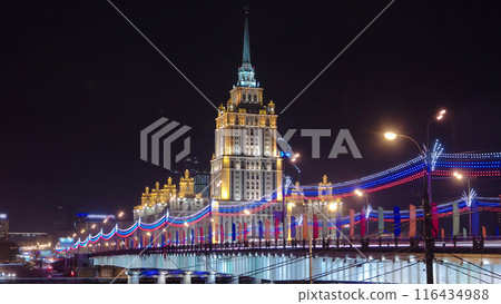 Hotel Ukraine winter night timelapse hyperlapse with bridge over Moscow River. 116434988