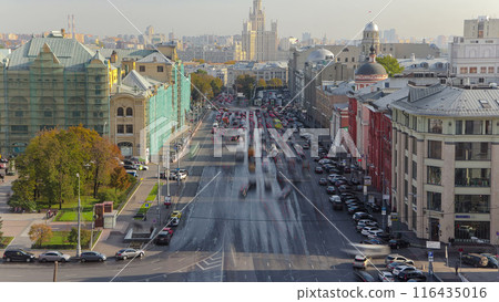 Aerial view of Lubyanskaya and Novaya Square in Moscow timelapse in spring day 116435016