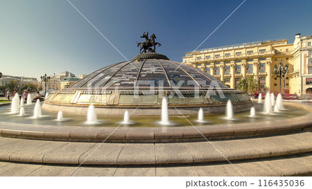 Glass cupola crowned by a statue of Saint George at the Manege Square timelapse hyperlapse in Moscow, Russia 116435036