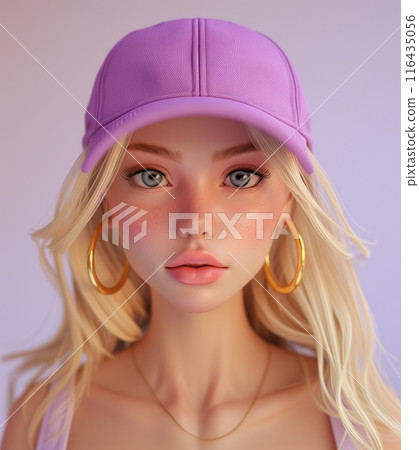 Young woman with long blond hair, wearing a light purple shirt, isolated on a light purple background. 116435056